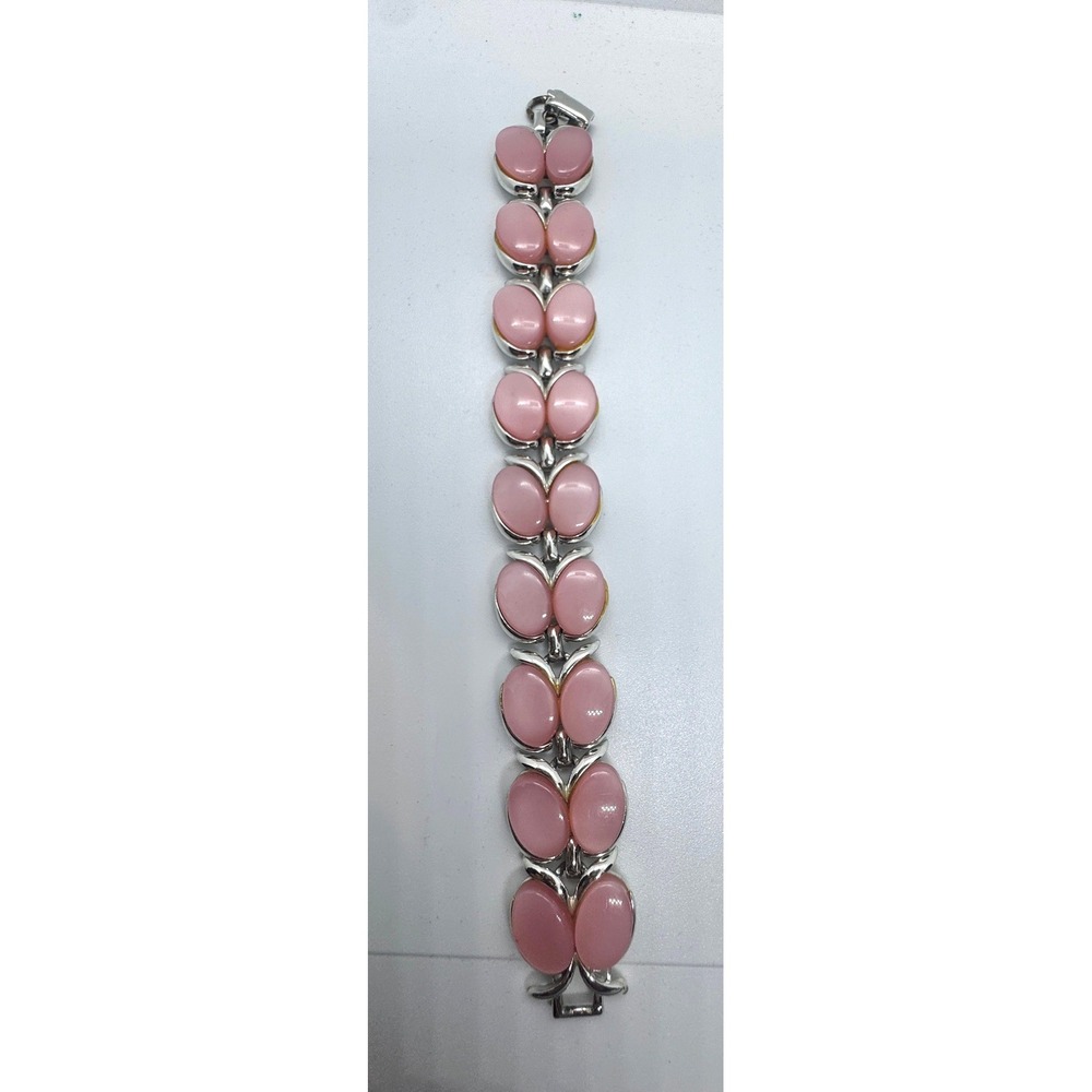 Vintage Silver Tone Pink moonglow lucite cabochons Leaf Link Bracelet